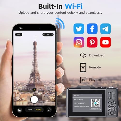 5K Vlogging Digital Camera for Beginners, 80MP Travel Camera for Photography with 32GB Card, 18X Zoom Portable Compact Camera with 180° Flip Screen