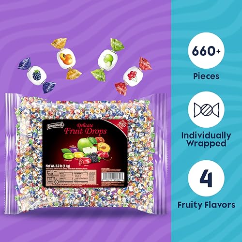 Colombina Delicate Fruit Drops, 4 Assorted Fruit Candy Flavors, Individually Wrapped, Ideal for Easter, Halloween, and Christmas, 2.2lbs (Pack of 1)