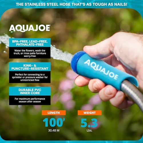 Aqua Joe 50-Foot Heavy Duty Garden Hose, Spiral 304 Stainless Steel Metal Hose, Puncture Proof, 1/2 Inch Diameter with Aluminum Fittings, AJSGH50