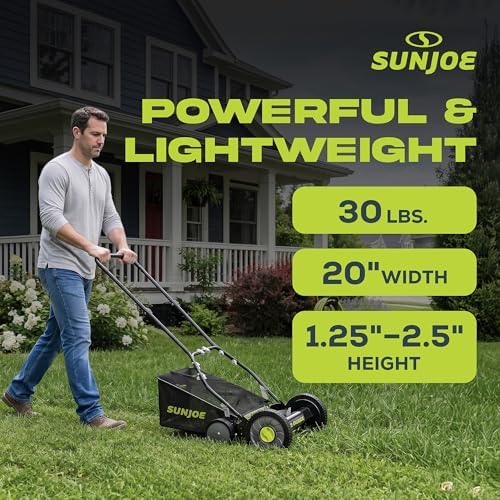 Sun Joe Manual Push Reel Lawn Mower with 6.6-Gal Grass Catcher, 16-Inch Cutting Width - Heavy-Duty Yard Trimmer Machine for Gardening Care and Maintenance, MJ500M