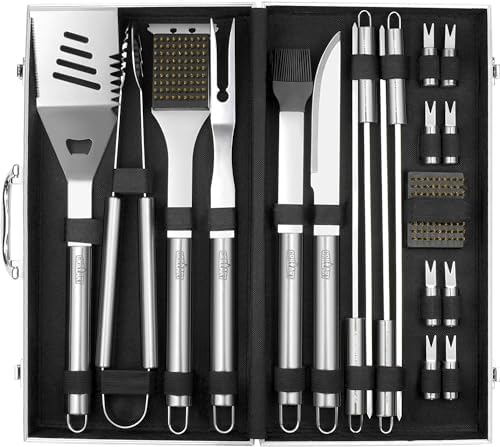 GRILLART BBQ Grill Utensil Tools Set Reinforced BBQ Tongs 19-Piece Stainless-Steel Barbecue Grilling Accessories w/Aluminum Storage Case -Complete