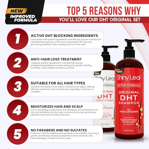 Shiny Leaf DHT Blocker Shampoo and Conditioner Set with Biotin, 2 x 16 oz | DHT blocker shampoo and conditioner with biotin, rosemary oil and asparagus extract for thinning hair. For men and women