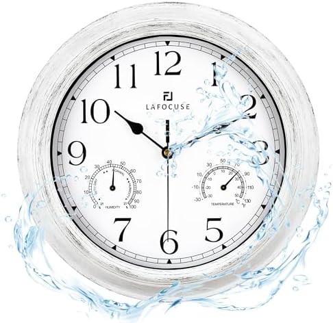 Lafocuse 12 Inch Brown Outdoor Wall Clocks with Temperature and Humidity