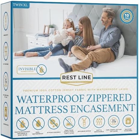 Rest Line - 100% Cotton Waterproof Zippered Mattress Encasement - Queen