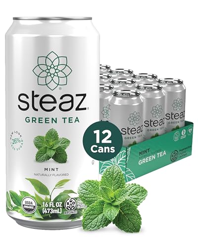 Steaz - Organic Green Tea - Peach (12 Pack) - 30mg Natural Caffeine, 70 Calories,Cane Sugar - Sweetened Iced Tea - Regenerative Organic Certified®️ - Vegan, Direct Trade - 12 Cans, 16 fl oz
