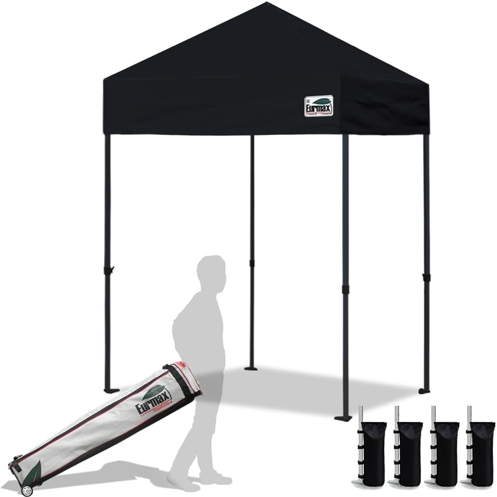 Eurmax USA 10x10ft Pop Up Canopy,Commercial Instant Tent for Outdoor Events,Patented No-Tip Rolling Storage Bag with 4 Sandbags,UV & Water Resistant,Heavy Duty Portable Shelter Gazebo,Black