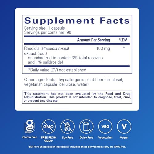 Pure Encapsulations Rhodiola Rosea - for Occasional Stress, Endurance & Fatigue Relief* - with Adaptogens - Gluten Free & Vegan - 90 Capsules | Hypoallergenic Supplement to Moderate Occasional Physical Stress and Discomfort*