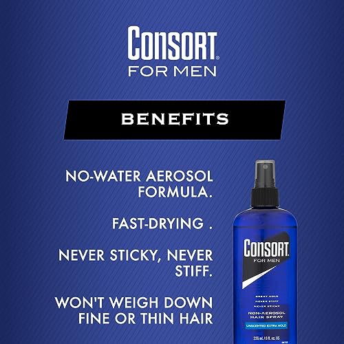 Consort Extra Hold Non-Aerosol Hair Spray for Men, Unscented, 8 Oz | Extra-hold pump hair spray, fast drying and not sticky or stiff, unscented