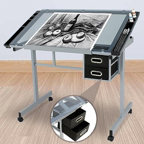 Adjustable Drafting Table Drawing Desk Art Craft Station Drafting Desk Glass Tabletop w/2 Slide Drawers and Wheels for Drawing, Sketching, Reading