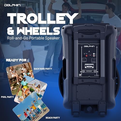Dolphin Bluetooth Party Speaker with Wireless Microphone, 18" Woofer | 4500W Output, LED Lights, USB, SD, AUX & Guitar Inputs, 12V Input