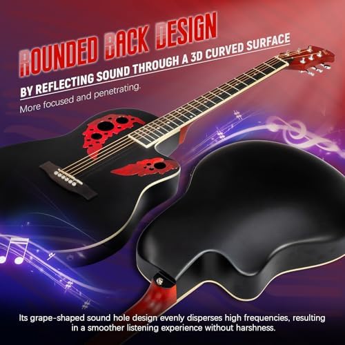 GLARRY 41in Acoustic Electric Guitar, Unique Round-back Design, 6 String Cutaway Guitar Beginner Kit with 15W Amp, EQ, Bag, Strap, Picks, Strings (Black With AMP, Full-Right Handed)