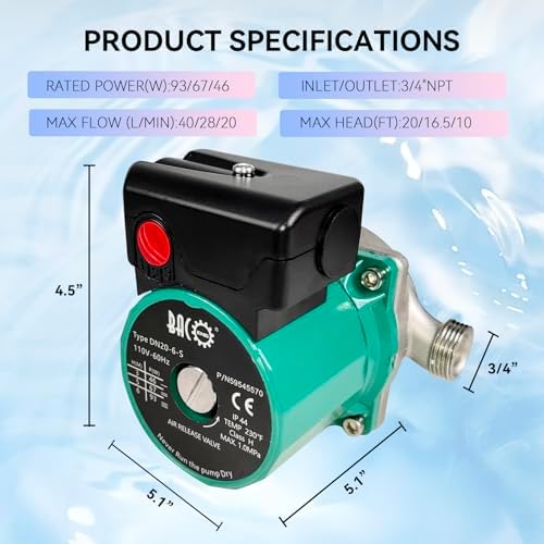 BACOENG Hot Water Recirculating Pump, Stainless Steel Head, Circulation Pump NPT 3/4", 3-Speed Control, Circulating Pump for Water Heater System