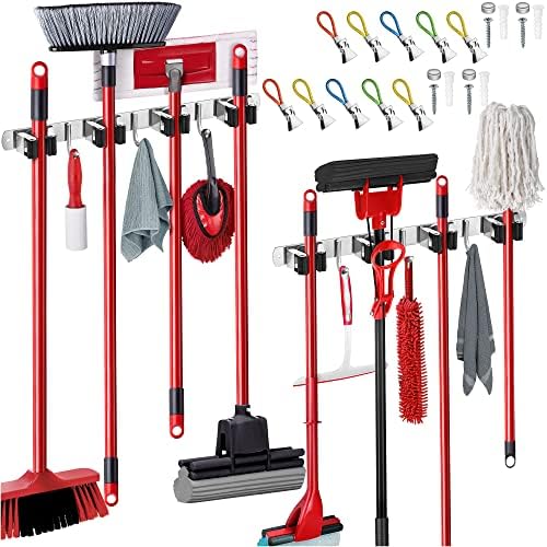 Wall Mount Hanger for Brooms & Mops - Adhesive Stainless Steel Mops & Broom Holder, 4 Clamps, 3 Hooks