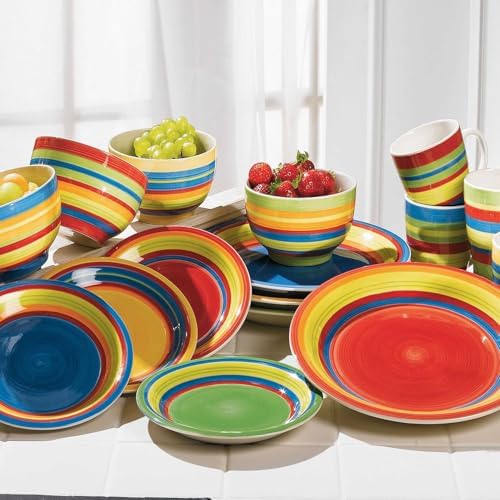 BrylaneHome 16 Piece Santa Fe Hand-Painted Striped Stoneware Dinnerware Set - Multi Stripe