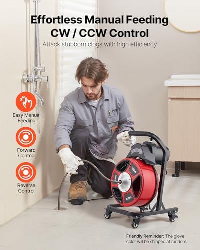 VEVOR Drain Cleaner Machine 75 FT x 3/8 Inch, Auto Feed Sewer Snake Auger on Wheels, Portable Drain Cleaning Machine with 4 Cutters & Air-activated Foot Switch for 2" to 4" Pipes