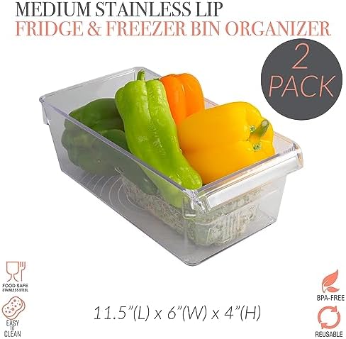 Kitchen Details 2 Pack Medium Refrigerator Storage Bin | Fridge & Freezer | Kitchen Organization | Stainless Steel Handle | Countertop | Cabinets
