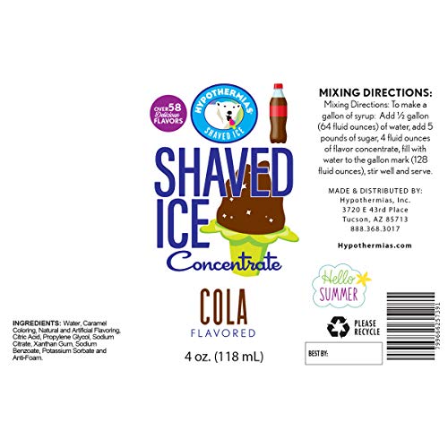 Hypothermias Shaved Ice and Snow Cone Syrup Unsweetened Flavor Concentrate - 4 Fl Oz - Makes 1 Gallon of Ready to Use Syrup - Cola - Must Add