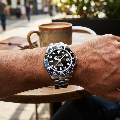 Stuhrling Original Men's Stainless Steel GMT Watch Quartz - 42mm Quartz Analog Wrist Watch for Men, Mens Quartz Watch, Stainless Steel Case