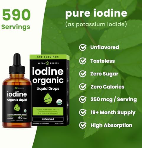 Organic Iodine Liquid Drops - 250 mcg Iodine Supplement for Women & Men - Potassium Iodide Solution 250 mcg - 590 Servings - Thyroid