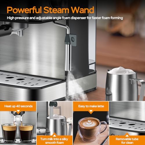 Plum chef Espresso Machine 20 Bar, Household Coffee Maker with Milk Frother Steam Wand, Pressure Gauge, 54oz Large Water Tank, Low Noise Fast Brew for Cappuccino Latte Macchiato Home Office