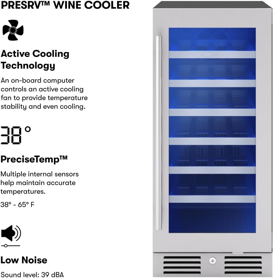 Zephyr Presrv 15 Inch Slim Wine Fridge Beverage Refrigerator Under Counter