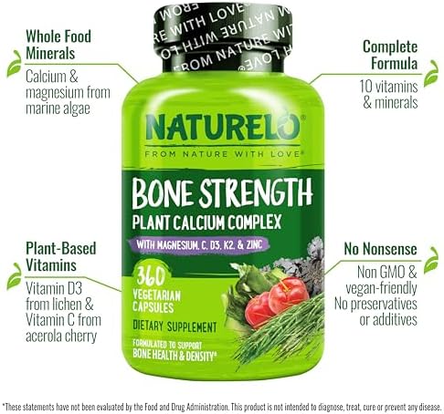 NATURELO Calcium Supplement with Vitamin C, D3, K2, 120 Vegetarian Capsules | Magnesium & Zinc for Bone Strength,Plant-Based Calcium 600mg , Non-GMO, Soy & Gluten-Free