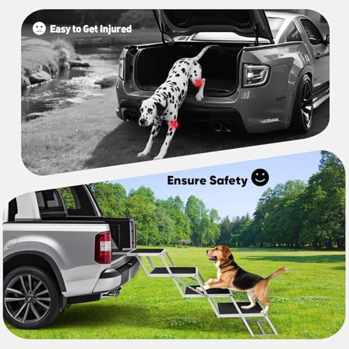 Dog Stairs for Car, Extra Wide Dog Stairs for Large Dogs, Foldable Dog Ramp for Car, Pet Steps Light Weight Aluminum, High Beds, for SUV Trucks