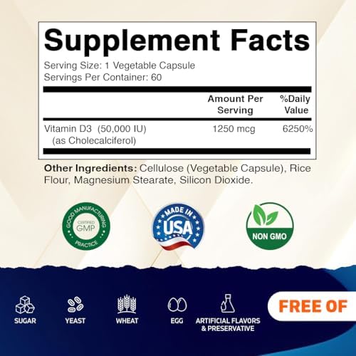 Vitamatic 2 Pack Vitamin D3 50, 000 IU (as Cholecalciferol), Once Weekly Dose, 1250 mcg, 60 Veggie Capsules 1 Year Supply