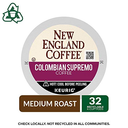 New England Coffee Colombian Supremo Medium-Roast K-Cup Coffee Pods, 32 Count, Intense Flavor & Rich Aroma