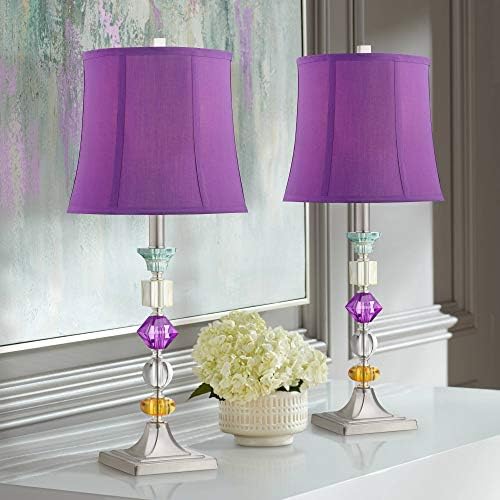 Bohemian 21" High Table Lamp Glass Stacked Traditional Modern Colored | Orchid Pink Chic Multi Kids Girls Living Room Bedroom Bedside House Nightstand Office Home Family Bell Shade