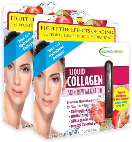 Applied Nutrition Liquid Collagen Skin Revitalization 10 Tubes Pack of 2 | Biotin & Silica | Tropical Strawberry & Kiwi Flavor | Healthy-Looking