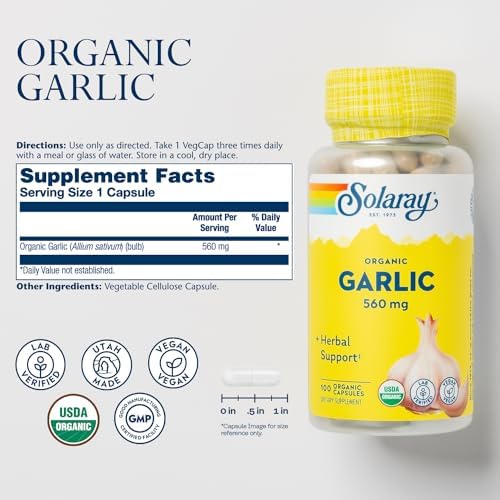 SOLARAY Organic Garlic 560 mg, 100 VegCaps | Heart & Cardiovascular Support - USDA Organic Garlic - 100 Servings - Vegan, Lab Verified