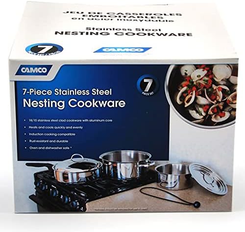 Camco 7 Piece Stainless Steel Cookware Nesting Pots and Pans Set w/Lids, Detachable Handles & Storage Strap for Camping, Tailgating, and RV