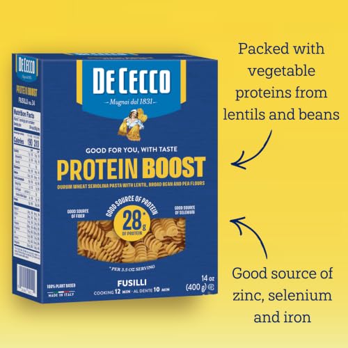 De Cecco Protein Boost Fusilli No. 34 Pasta, 14 Oz | High Protein Noodles, 28g Protein, Made with Durum Wheat, Lentils & Beans, Vegan, Versatile Pasta
