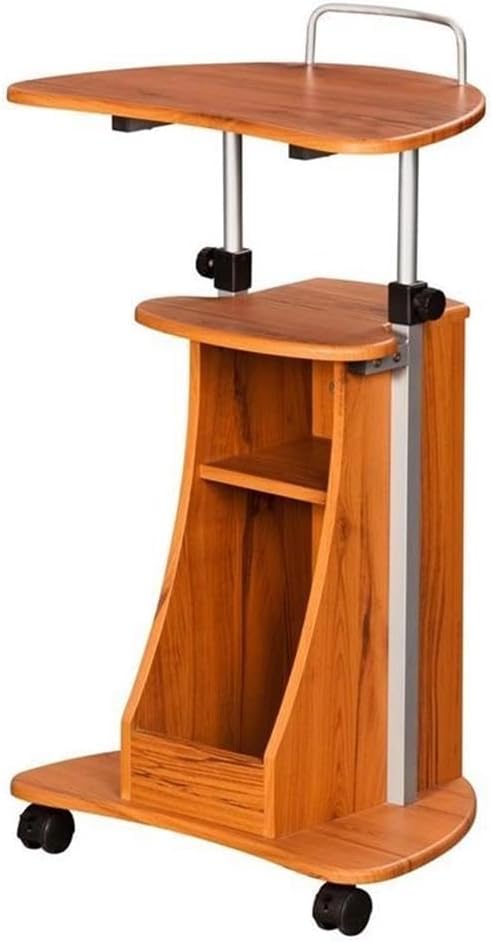 Pemberly Row Sit-to-Stand Rolling Laptop Cart, Adjustable Height 28-46 in, Wood Grain Finish MDF Panels, Open Storage with Accessory Shelf