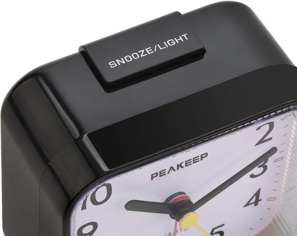 Peakeep Small Battery Operated Analog Travel Alarm Clock Silent | No Ticking, Lighted on Demand and Snooze, Beep Sounds, Gentle Wake, Ascending Alarm, Easy Set (Black)