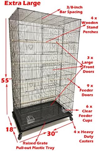 55" X-Large with 3/8-Inch Tight Bar Spacing for Multiple Flight Small Size Bird Aviary Budgie Canary Finches Breeding Home Cage with Removable Rolling Stand
