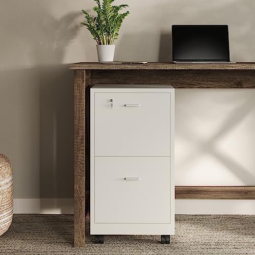 File Cabinet - 2-Drawer Cabinet with Lock and Deep Drawer Storage - Rolling Filing Cabinet for Under The Desk, Home, or Office by Lavish Home (White)