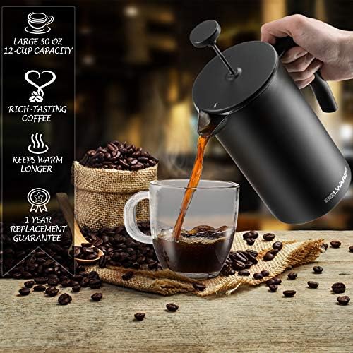 French Press Coffee Maker - 50oz Stainless Steel, Insulated Coffee Press | Large 6 Cup 50oz Capacity, Double Wall Keeps Coffee Hot, 4 Level Filter for Ground Free Coffee, 2 Extra Filters, Matte Black