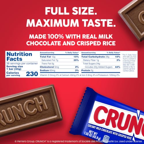 CRUNCH Full-Size Candy Bar, Creamy Milk Chocolate with Crunchy Crisped Rice, 36 Individually Wrapped Bars, 1.55 oz Each