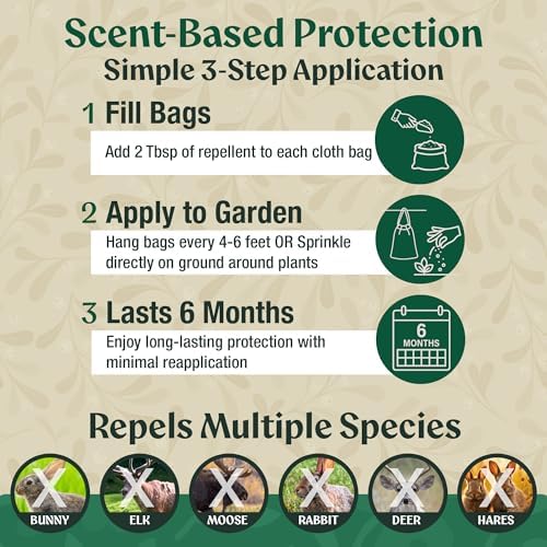 Deer & Rabbit Repellent – All Natural Scent-Based Animal Protection – Safe for Pets & Plants – Long-Lasting Up to 6 Months – Repels Elk, Moose & Rodents – 2 lbs with 10 Refillable Bags