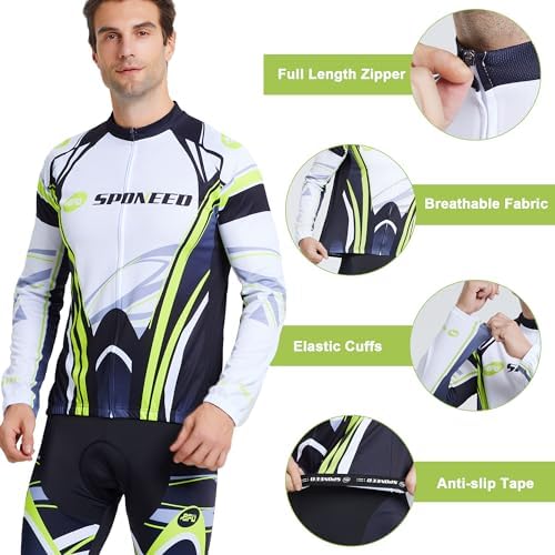 sponeed Cycling Clothes for Men Long Sleeve Mountain Bike Road Bicycle Shirt Jerseys Padded Pants Biking Outfits
