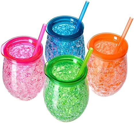 Cute Shape Frosty Freezer Ice Mugs with Straw Clear 11.8oz Set of 4(Red, green, blue and orange) (Oval)