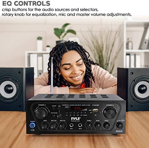Pyle 2-Channel Bluetooth Home Stereo Amplifier - 250W Wireless Audio Receiver, Karaoke Optimized: Dual Mic In with Echo, Mic Talk-Over, FM Radio
