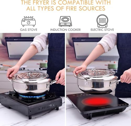 cuomaop Deep Fryer Pot, 304 Stainless Steel Japanese Frying Pot with Oil Drain, Temperature Control and Lid
