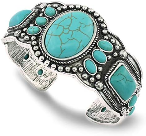 Women's Antique Rgentium Plated Base Heart Compressed Turquoise Bracelet Cuff Bangle Fashion Jewelry
