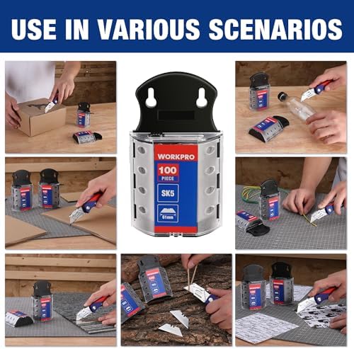 WORKPRO Utility Knife Blades, 100-Pack SK5 Steel Blades with Dispenser | Premium Steel Standard Blades for Box Cutter, Ideal for Cardboard, Leather, Carpet, Rope, Soft Metal, Pipe, etc