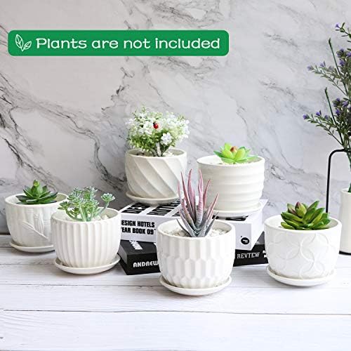 Flower Pots, 4 Inch Cylinder Ceramic Plant Pots with Connected Saucer, Mini Ceramic Planters for Succulent and Little Snake Plants (6 Pack, White)