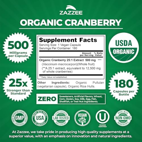 Zazzee USDA Organic Cranberry 25:1 Extract, 500mg per Capsule, 100 Capsules | Vegan, 3+ Month Supply, Certified Kosher, Vaccinium Macrocarpon, Non-GMO, Made in the USA