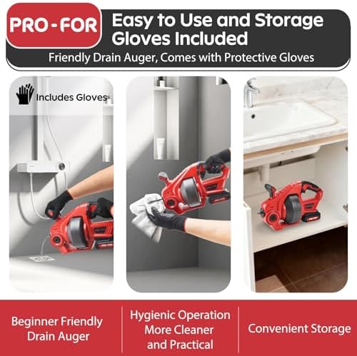 20V Cordless Electric Drain Auger, 25Ft Auto-Feed Drain Snake, Replaceable Cable, 2.0Ah Battery & Charger, LED Light, Clog Remover for Sink, Shower